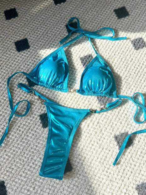 Micro Bikini Rosa Lucido da Donna, Sexy con Perle in PU, Push-Up, Perizoma, Costume da Bagno Estivo, con Lacci, per Vacanze PlatiNum