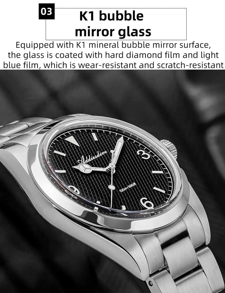 ADDIESDIVE Men's VH31 Quartz Watch Super Luminous 36mm Bubble Glass Wristwatch 100m Waterproof 316L Stainless Steel Watches Male