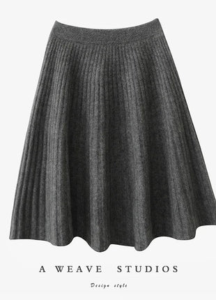 Korean Skirt 100% Merino Wool Women's Knitted Mini Skirt Autumn and Winter Women's Fashion Solid Color Small Umbrella Skirt PlatiNum