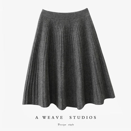 Korean Skirt 100% Merino Wool Women's Knitted Mini Skirt Autumn and Winter Women's Fashion Solid Color Small Umbrella Skirt PlatiNum