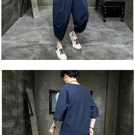 Stile giapponese due pezzi t-shirt pantaloni uomo uomo abiti Kimono maniche corte giappone Harajuku Yukata Cardigan Costume top pantaloni