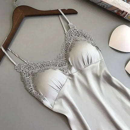 Abito da notte sexy in raso di seta da donna Camicie da notte senza maniche Camicia da notte con scollo a V Camicia da notte Indumenti da notte in pizzo Indumenti da notte per le donne Top da notte