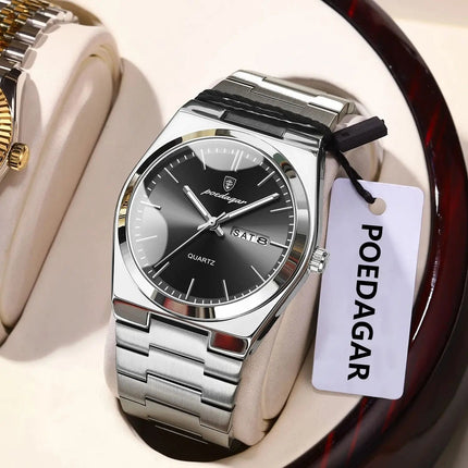 POEDAGAR Orologio da polso al quarzo da uomo di lusso Impermeabile luminoso Data Settimana Orologio da uomo Orologi da uomo d'affari in acciaio inossidabile platinumshop
