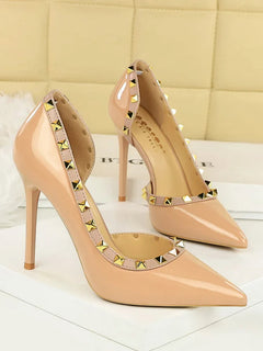 Donne 10.5 centimetri Tacchi Alti Della Signora Sexy Discoteca Punta a punta Pompe Femminile Rivetto Lato Vuoto In Pelle Verniciata Eden Tacchi Scarpe