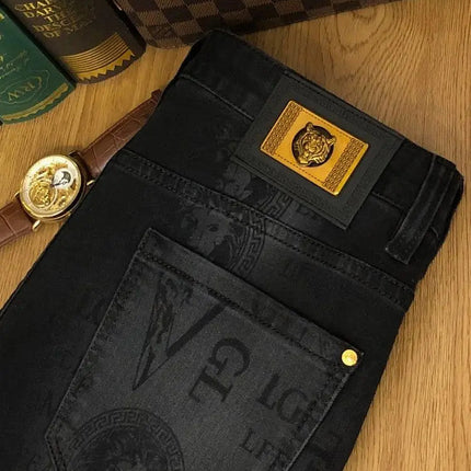 Spring and Autumn Korean Slim Jeans for Men 2025 High-end Luxury Clothing Black Printing Mid-waist Stretch Casual Pencil Pants PlatiNum