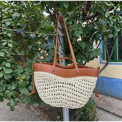Women's 2-in-1 Woven Straw Bag Underarm Straw Bag with Adjustable Strap Large Capacity Dumpling Shoulder Bag for Summer Beach Bucket Bag