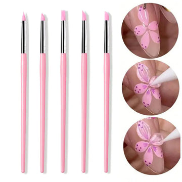 5Pcs/Set Pink Dual Ended Rhinestone Nail Art Silicone Pen Sculpture Pen/3D Flower Carving/Dotting Nail Tool 13cmManicure Brush
