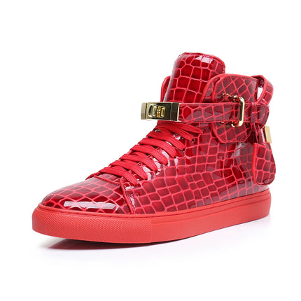 Men Red Crocodile Pattern High Top Sneakers Glossy Patent Leather Metal Buckle Lace-up Casual Shoes Streetwear Male Footwear