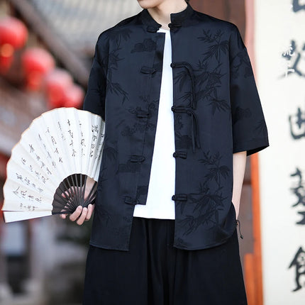 Camicia cinese da uomo con foglie di bambù floreali scuri Seta di ghiaccio Estate Confortevole e traspirante Stile retrò Camicie larghe alla moda da uomo Top