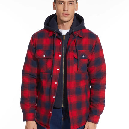 TACVASEN Men's Flannel Shirt Jacket with Removable Hood Plaid Quilted Lined Winter Coats Thick Hoodie Outwear Man Fleece Shirts