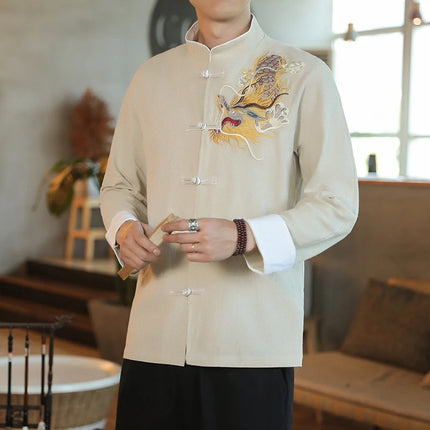 Camicie da Uomo a Maniche Lunghe in Stile Cinese, Ricamate, per Kung Fu e Tai Chi, Cardigan Retrò in Lino, Abito Tradizionale Tang, Top Tradizionale da Uomo