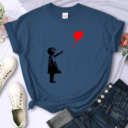 Fly Amore Ballons Imprimés T-shirt Femme Doux et Respirant Manches Courtes Street Hip Hop Tendance Tops Décontractés T-shirt Féminin Vêtements