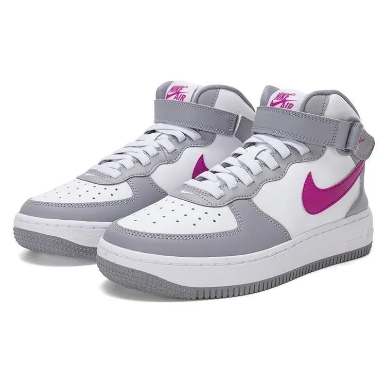 Nike Air Force 1 Mid EasyOn Comfort Versatile GS Strap High Top Casual Shoe Cement Grey Hot Pink Unisex FN1193-003