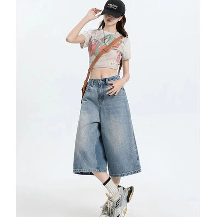 Women's Vintage Wide Leg Denim Capri Pants Shorts Summer New Plus Size Tummy Control Loose Straight Leg Casual Streetwear PlatiNum