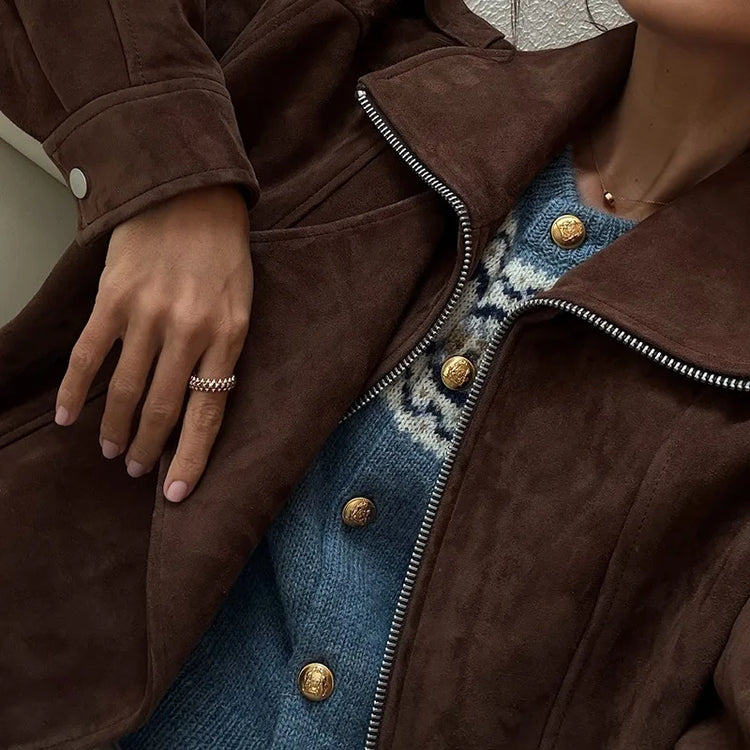 Women's Belt Short Suede Jackets Loose Lapel Long Sleeve Zipper Coats 2025 Spring Lady Vintage Female Outwear Street