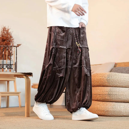 Pantaloni di velluto da uomo autunno inverno retrò drago stampa pantaloni larghi da uomo stile cinese pantaloni casual a gamba larga per uomo taglie forti 5XL