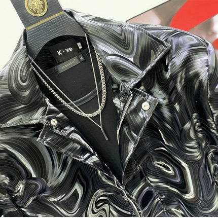 Mauroicardi Spring Autumn Cool Short Black Shiny Geometric Faux Leather Jacket Men Zipper Stylish Luxury Designer Clothes