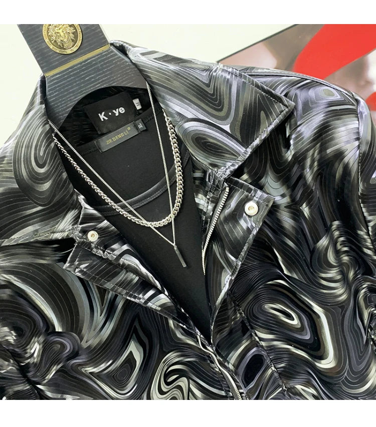 Mauroicardi Spring Autumn Cool Short Black Shiny Geometric Faux Leather Jacket Men Zipper Stylish Luxury Designer Clothes
