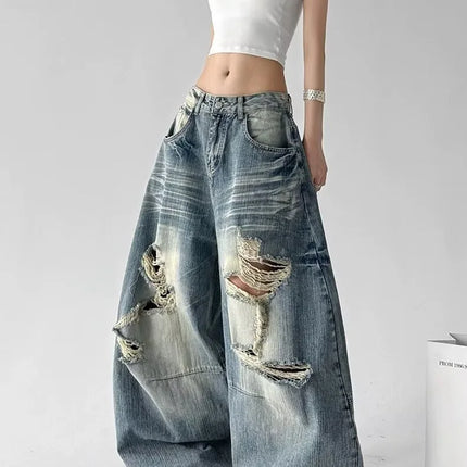 Jeans Larghi da Donna Stile High Street, Denim Distressed, Moda Primavera 2026, Nuovi Arrivi, Pantaloni Lunghi