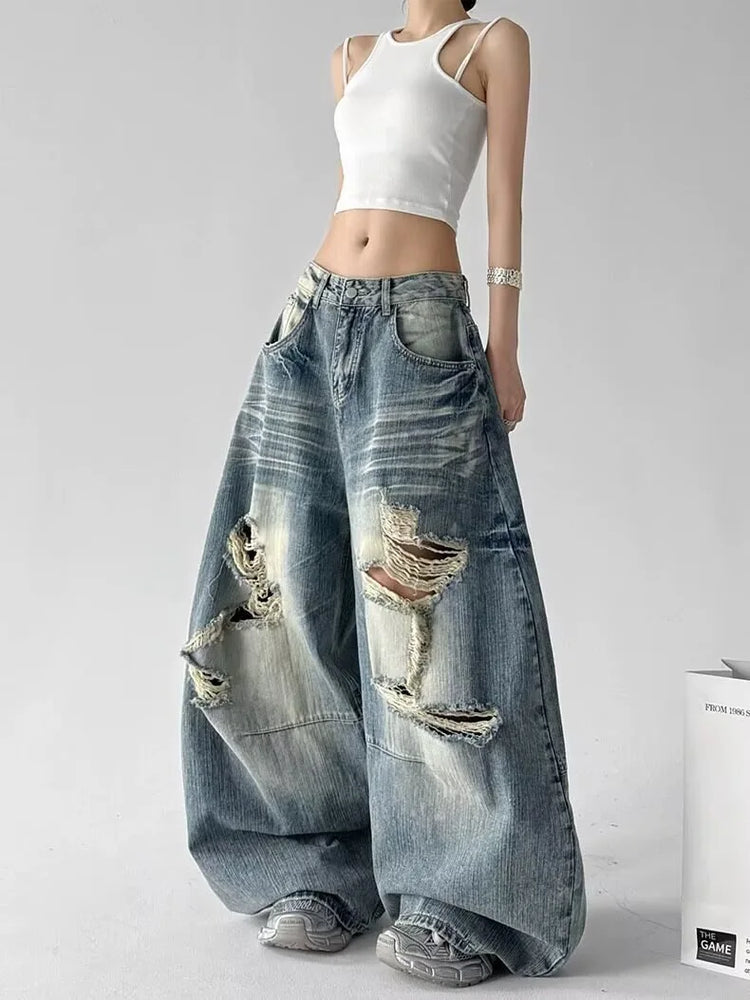 Jeans Larghi da Donna Stile High Street, Denim Distressed, Moda Primavera 2026, Nuovi Arrivi, Pantaloni Lunghi
