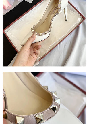 scarpe da donna di marca di lusso Sandali da donna Rivetti estivi Tacchi alti Lato vuoto Scarpe da donna da ballo in pelle moda femminile da donna
