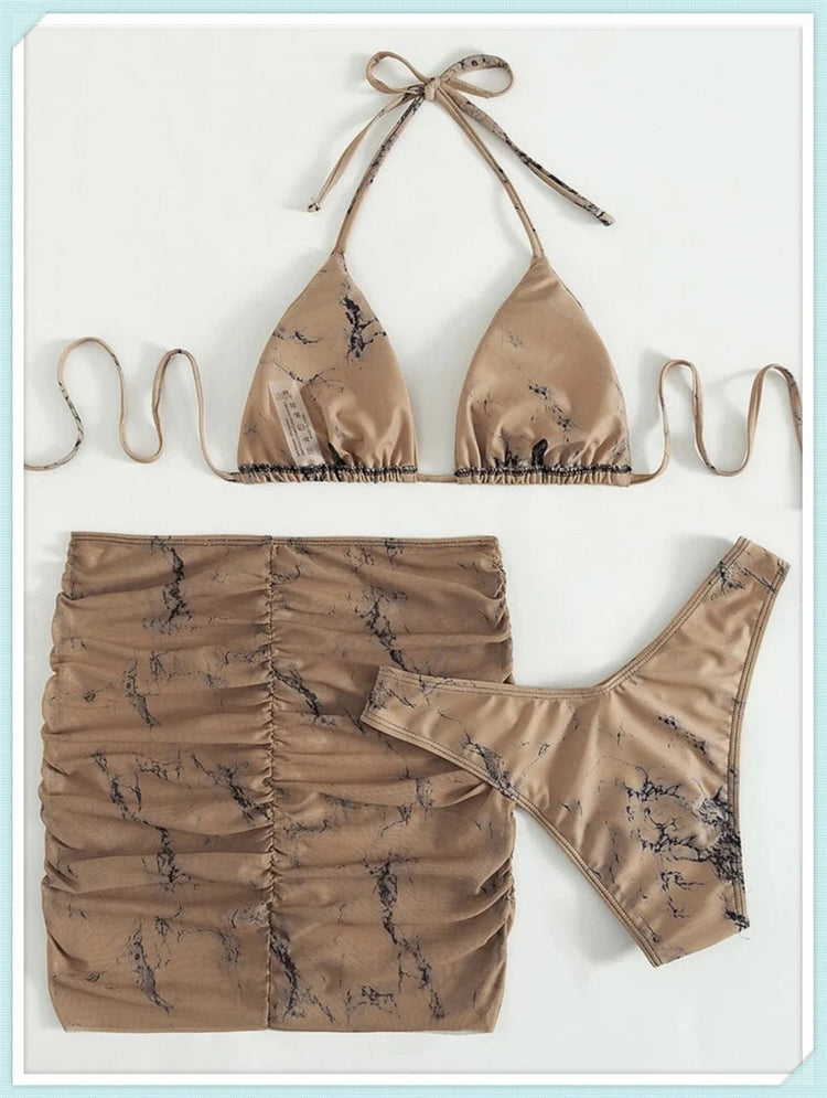 3 pezzi perizoma Bikini con gonna marmo texture costume da bagno donna costume da bagno Set costumi da bagno femminili abbigliamento da spiaggia nuoto estate platinumshop