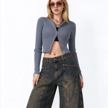 Women’s High-Waisted Wide-Leg Curved Jeans, Rust-Brown Vintage-Wash Denim with Vertical Stitching and Front Pockets, Casual Retro-Style Trousers for Everyday Wear  YW-1855