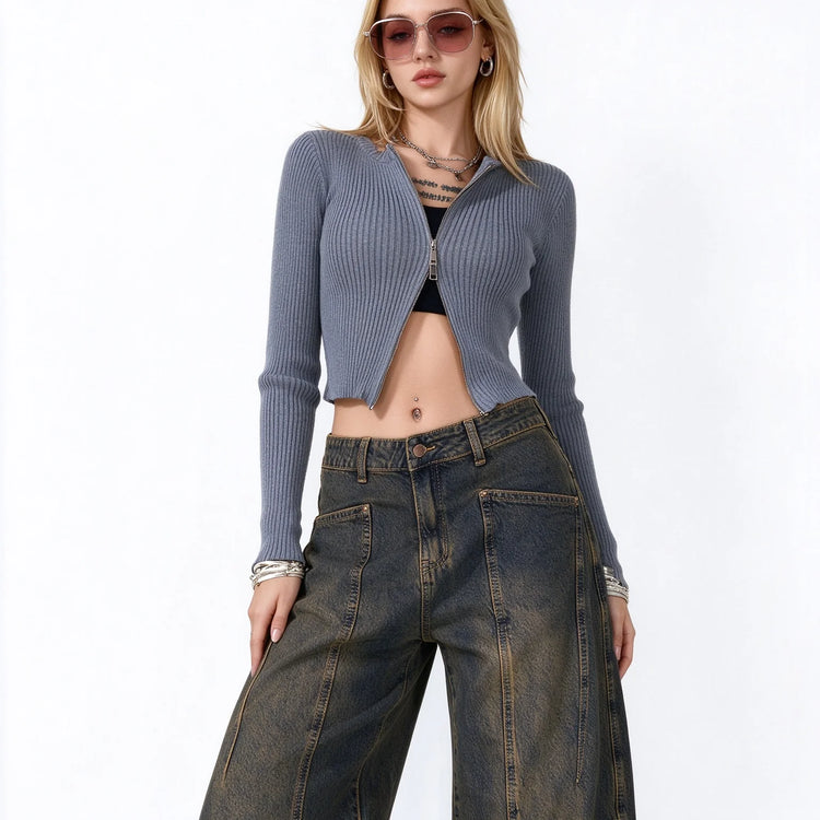 Women’s High-Waisted Wide-Leg Curved Jeans, Rust-Brown Vintage-Wash Denim with Vertical Stitching and Front Pockets, Casual Retro-Style Trousers for Everyday Wear  YW-1855