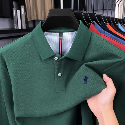 High-end branded long-sleeved polo shirt, 100% cotton, new business men's leisure lapel t-shirt, luxury comfort with Paul pony embroidery