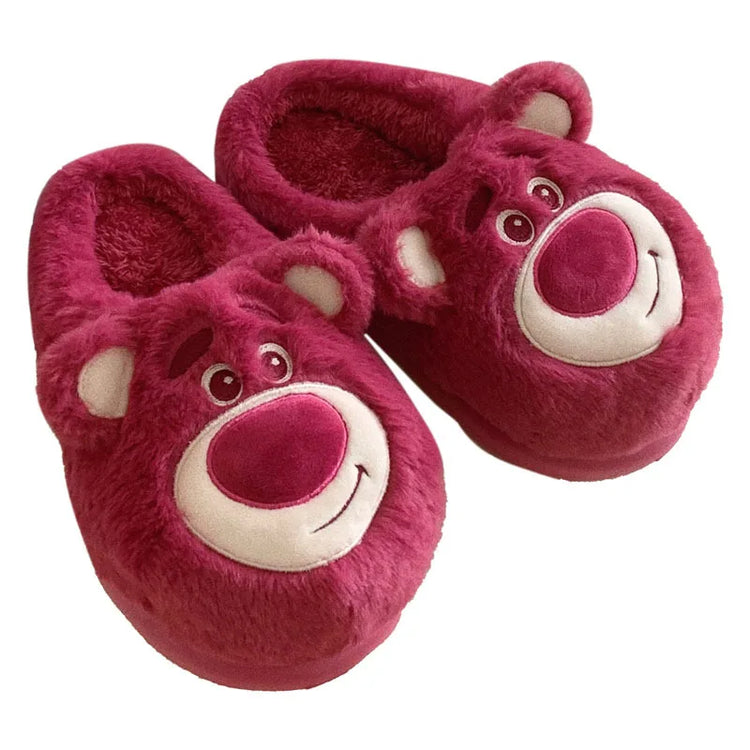 Fashion Strawberry Bear Girl Plush Cotton Slippers for Winter Warmth Indoor with Soft Plush Leisure Cotton Slippers Gifts