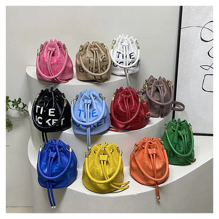 Spring New Fashion Letter PU Leather Bucket Bag Women Simple City Style Shoulder Handbag Trendy Crossbody Satchel Handbag PlatiNum