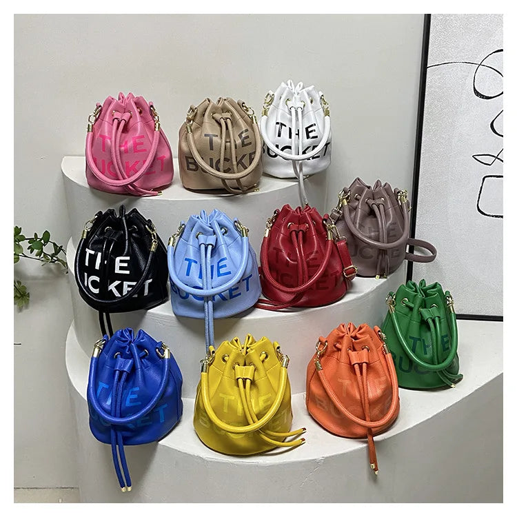 Spring New Fashion Letter PU Leather Bucket Bag Women Simple City Style Shoulder Handbag Trendy Crossbody Satchel Handbag PlatiNum