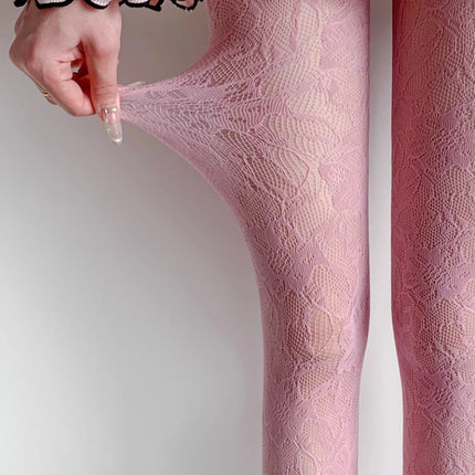 Sexy Floral Fishnet Long Socks, Transparent Jacquard Lace Thin Tights, Sweet Japanese Style, Purple/Pink Lolita JK Fishnet Stockings