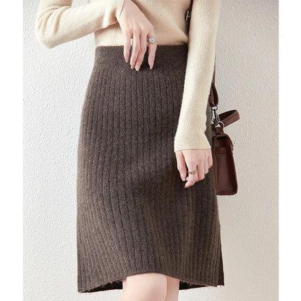 100% Wool Drawstring Skirt For Women's Autumn Winter Solid Color Slim Fit Elastic UltraShort Mini Waist Knitted Skirt PlatiNum
