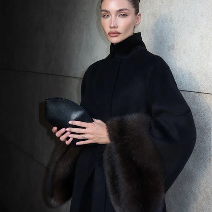Lady Long Wool Blend Coat Stand Collar Faux Fur Cuffs Belted Waist Loose Oversized Maxi Wrap Outerwear Elegant Winter Overcoat