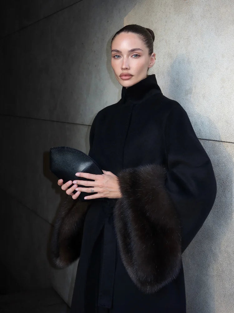 Lady Long Wool Blend Coat Stand Collar Faux Fur Cuffs Belted Waist Loose Oversized Maxi Wrap Outerwear Elegant Winter Overcoat