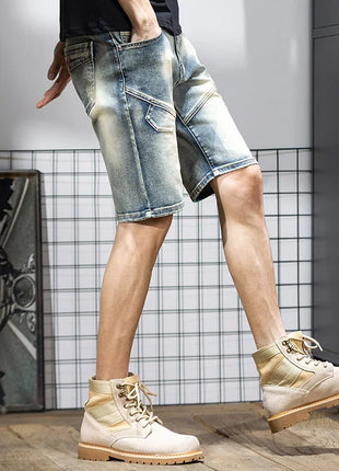Pantaloncini di jeans da uomo estivi Retro moto cotone elastico moda jeans corti al ginocchio cerniera Hip Hop Rock Streetwear