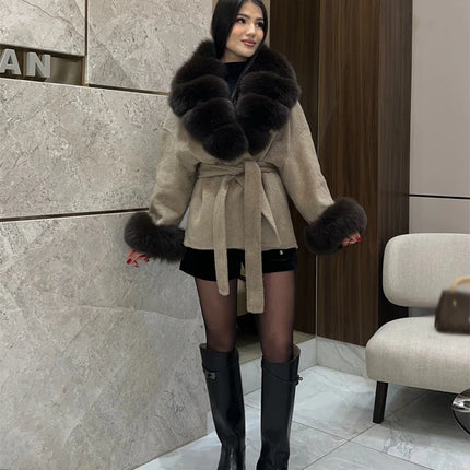 Women Wool Blend Coat Big Faux Fur Collar And Cuffs Belted Waist Wrap Loose Winter Jacket Thick Warm Elegant Lady Outerwears