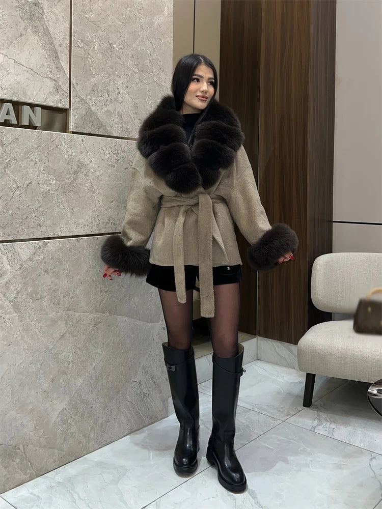 Women Wool Blend Coat Big Faux Fur Collar And Cuffs Belted Waist Wrap Loose Winter Jacket Thick Warm Elegant Lady Outerwears