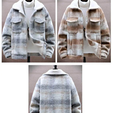 Retro Men's Woolen Coat Winter Add Velvet Keep Warm Jackets Classic Plaid Print Loose Casual Trench Blends Jacket Men Clothing