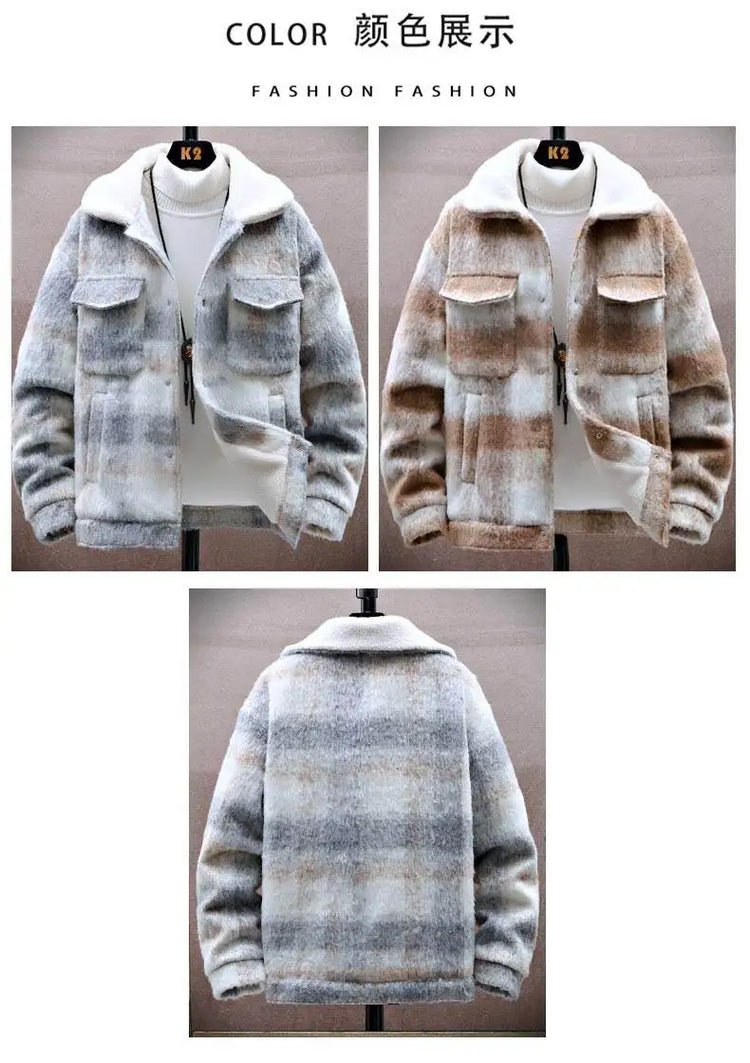 Retro Men's Woolen Coat Winter Add Velvet Keep Warm Jackets Classic Plaid Print Loose Casual Trench Blends Jacket Men Clothing