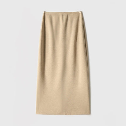 Birdtree Cashmere Silk Blended Skirt For Woman,Elastic Waist Long Skirts,Rear Slit,Commuting Style,2025 Autumn Winter D5N418JF PlatiNum