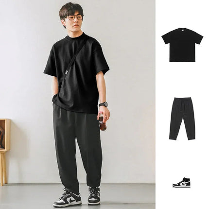 Small Neck T-shirts Men 350gsm Cotton Solid Color Male Short-sleeved T-shirt Spring Summer Loose Bottoming Shirt Casual T Shirts PlatiNum