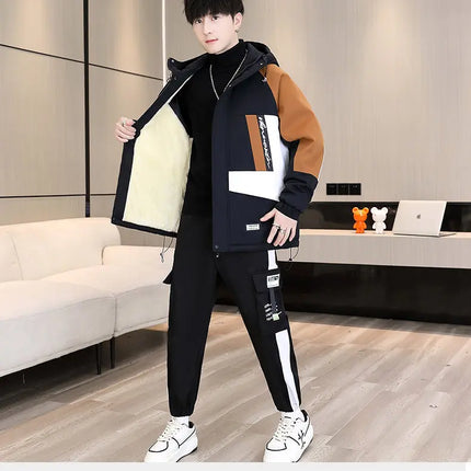 Men's Casual Wool Lined Thickened Hooded Set Fashionable Warm Sweatshirt Jacket Trendy Autumn Winter Men 2 Piece