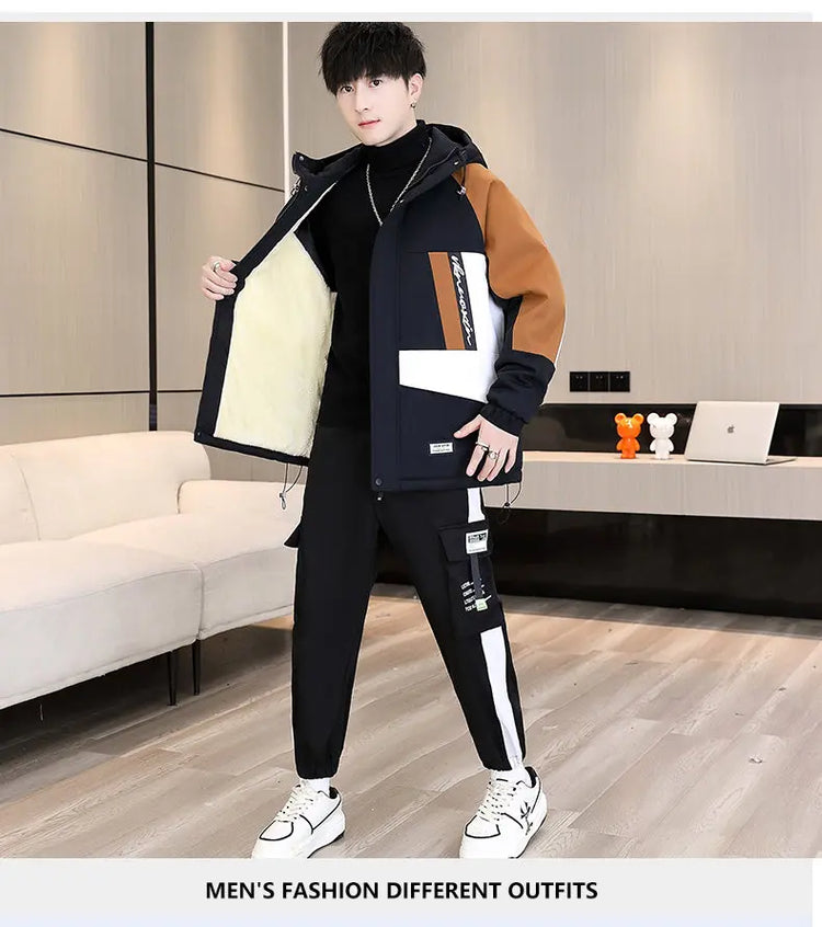 Men's Casual Wool Lined Thickened Hooded Set Fashionable Warm Sweatshirt Jacket Trendy Autumn Winter Men 2 Piece