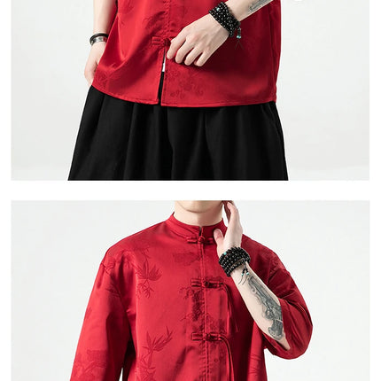 Camicia cinese da uomo con foglie di bambù floreali scuri Seta di ghiaccio Estate Confortevole e traspirante Stile retrò Camicie larghe alla moda da uomo Top