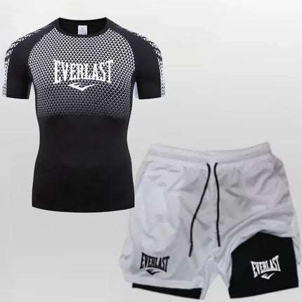 EVERLAST Men's Compress Shirt + 2-in-1 sports shorts 2pcs Set Leisure Breath Short Sleeve Sport Jogging Gym Brand Print Clothing platinumshop