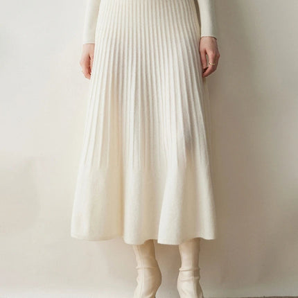 New Arrivals Women Cashmere A-line Skirt Elastic Waist Pleated Skirt 100% Cashmere Knitted Autumn Winter Thin Office Lady Dress PlatiNum