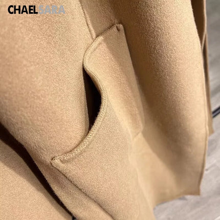 High Quality Women's Autumn Winter New Double-Sided 100% Wool Coat Fashion Belt Long Sleeves Pockets Elegance Overcoats Ladies
