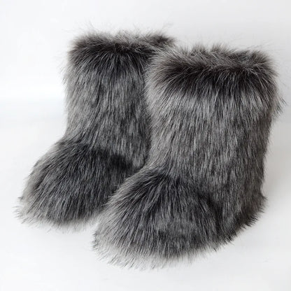 Women Faux Fur Boots Winter Fluffy Plush Warm Mid Calf Snow Boots Luxury Fashion Furry Boots Comfortable Outdoor Flat Shoes
